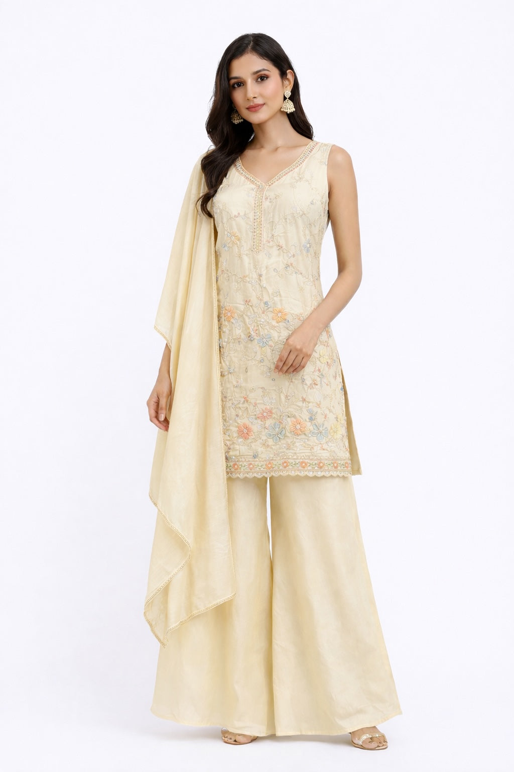 Ivory Pastel Embroidered Georgette Palazzo Suit