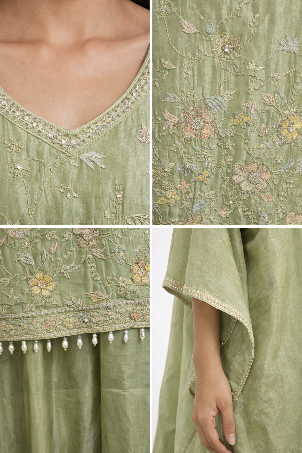 Sage Blossom Embroidered Silk Suit Set