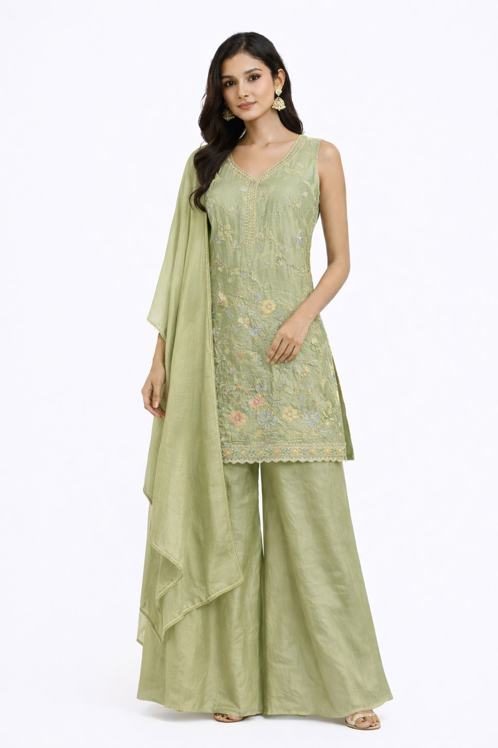 Sage Blossom Embroidered Silk Suit Set
