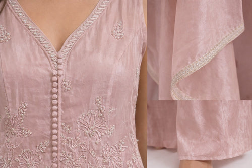 Blush pink silk shirt with floral hand embroidery, detail view – Khush Mizaj