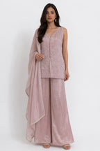 Blush pink embroidered silk set with wide-leg pants and dupatta – Khush Mizaj