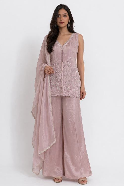 Blush pink embroidered silk set with wide-leg pants and dupatta – Khush Mizaj