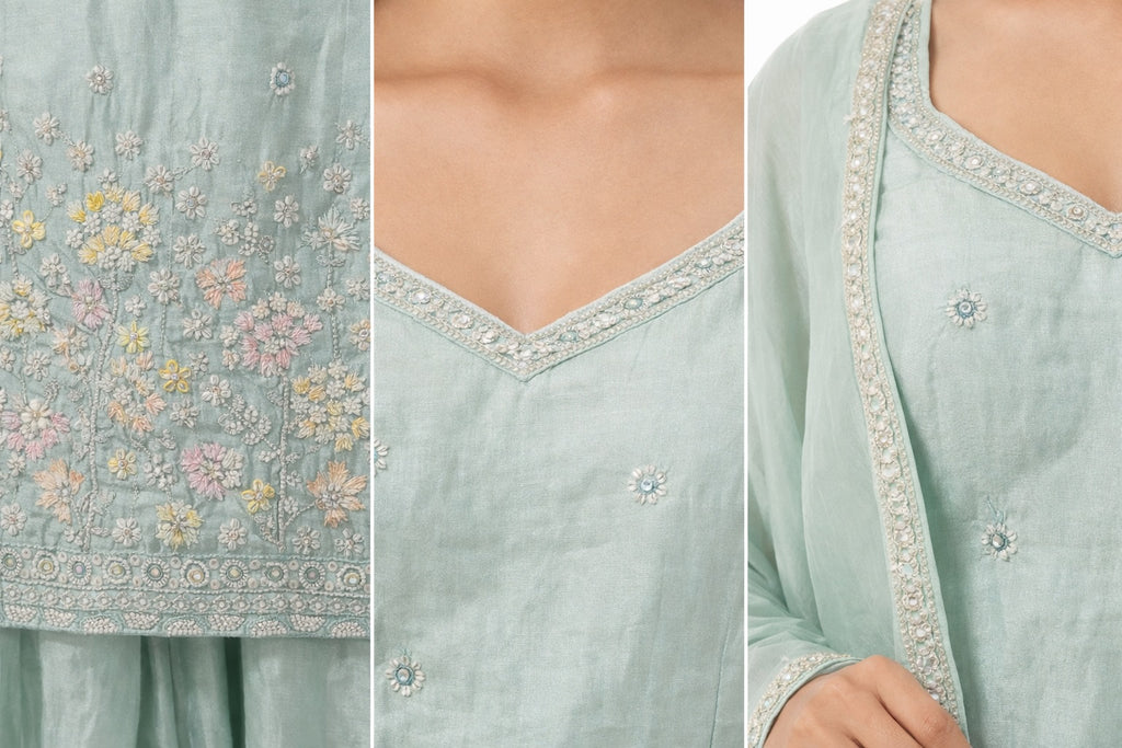 Seafoam Bloom Embroidered Palazzo Set