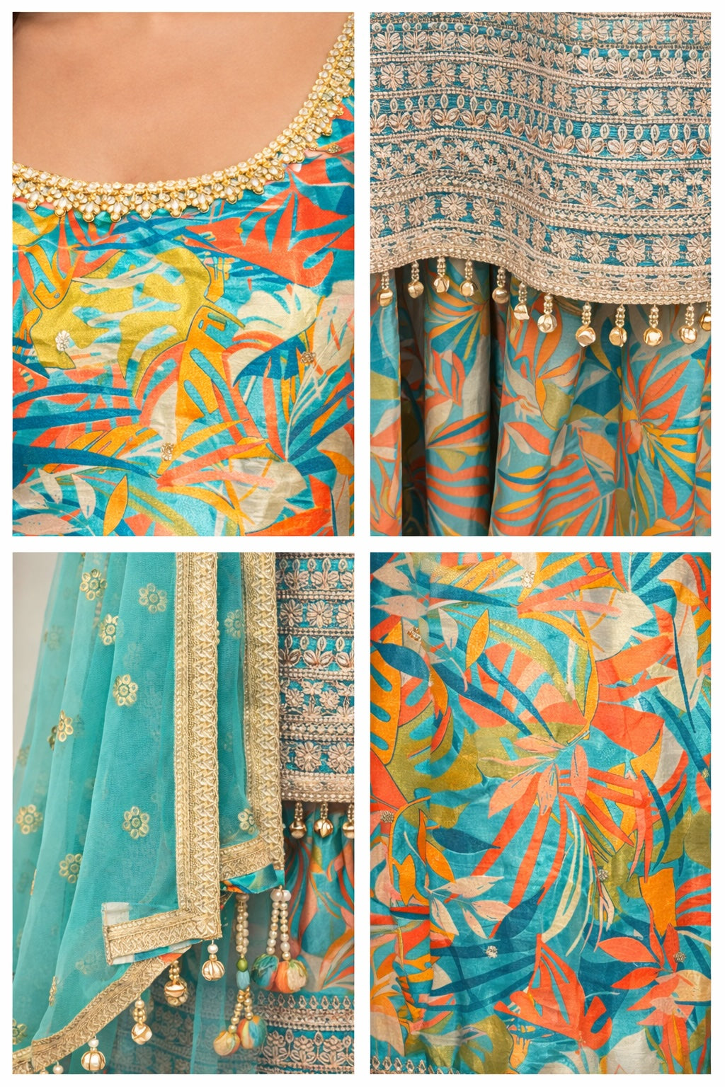 Tropical Aqua Embroidered Kurta & Sharara Set with Dupatta