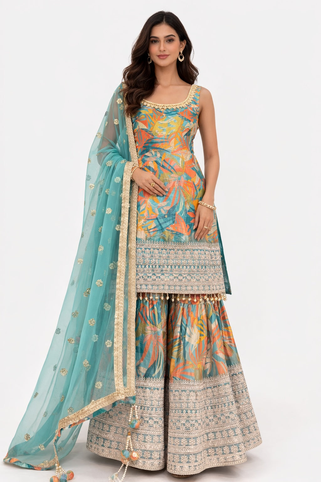 Tropical Aqua Embroidered Kurta & Sharara Set with Dupatta