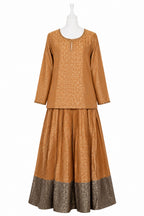 Amber Grace brown printed kurti lehenga set, front view on mannequin – Khush Mizaj
