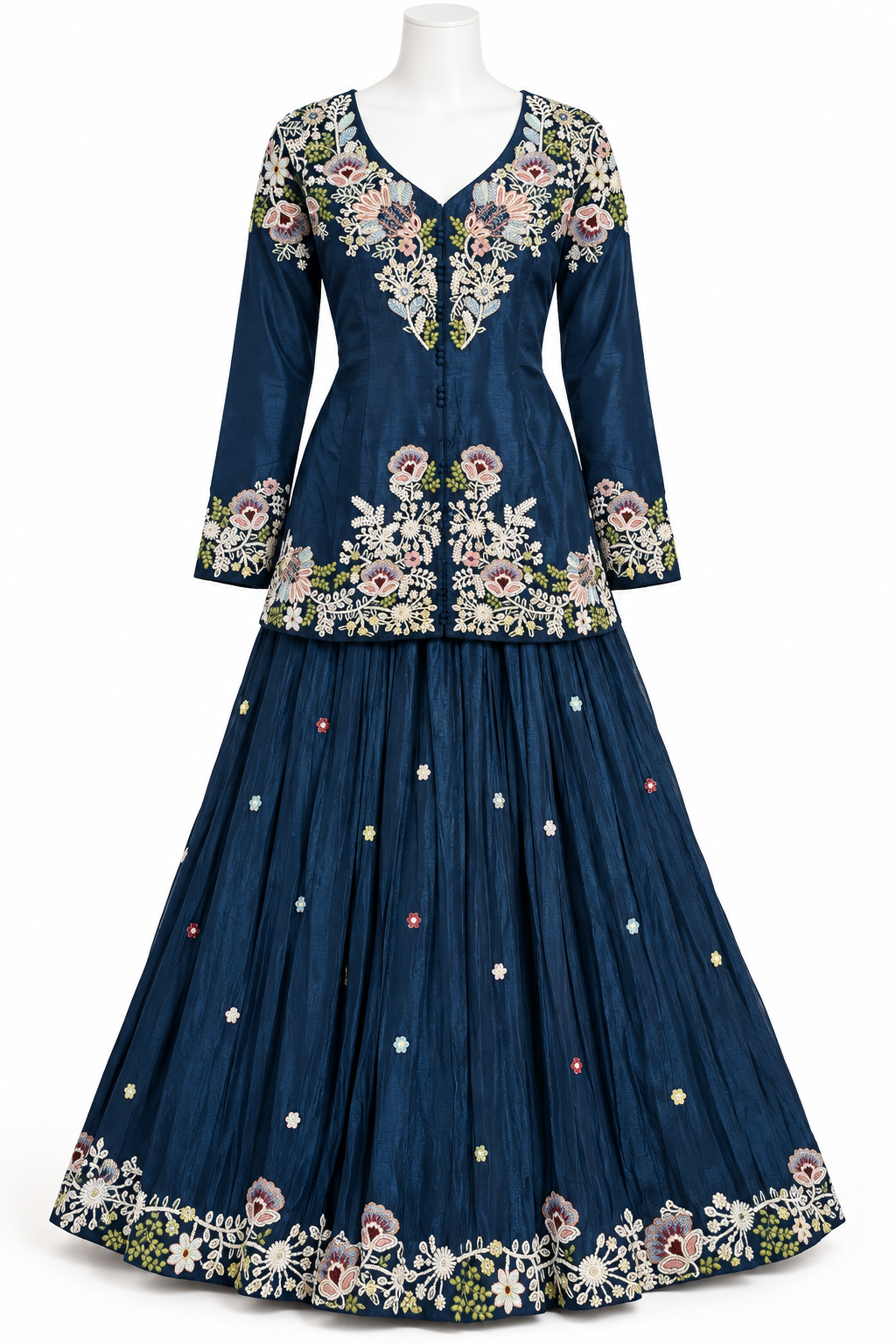 A navy blue traditional long gown with intricate floral embroidery in pink, white, and green, displayed on a white mannequin against a plain white background.