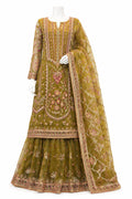 Olive Green Embroidered Lehenga Suit with Net Dupatta | Pakistani Wedding Collection