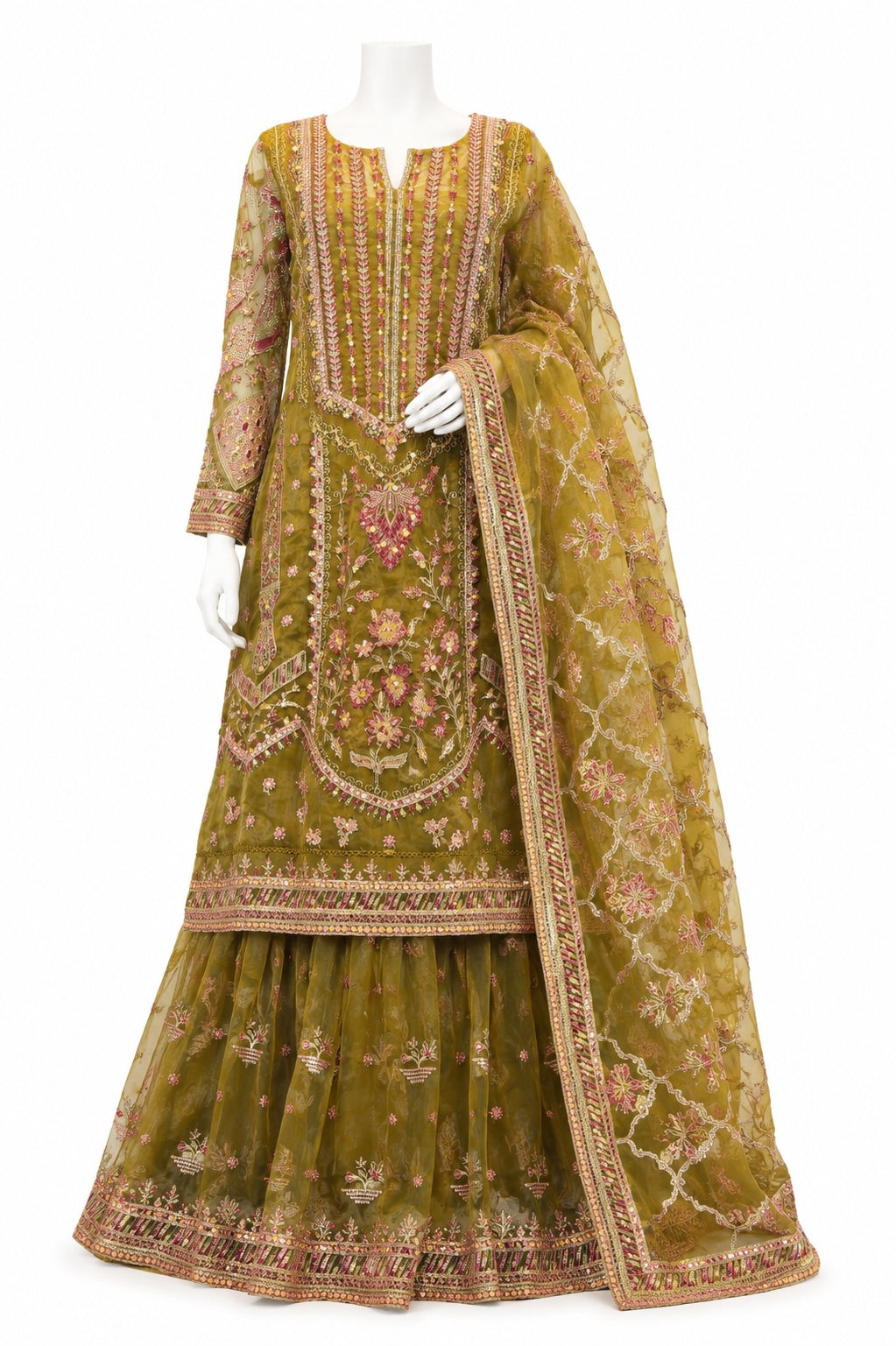 Olive Green Embroidered Lehenga Suit with Net Dupatta | Pakistani Wedding Collection