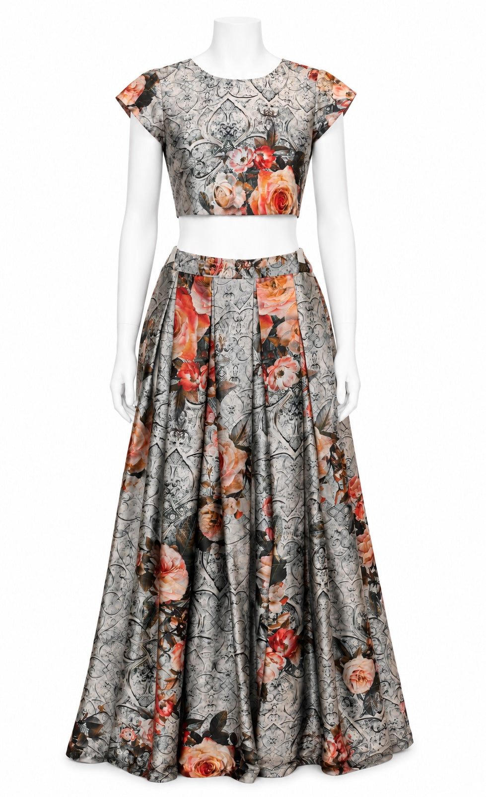Grey Floral Printed Lehenga with Crop Top | Elegant Indo-Western Women’s Set