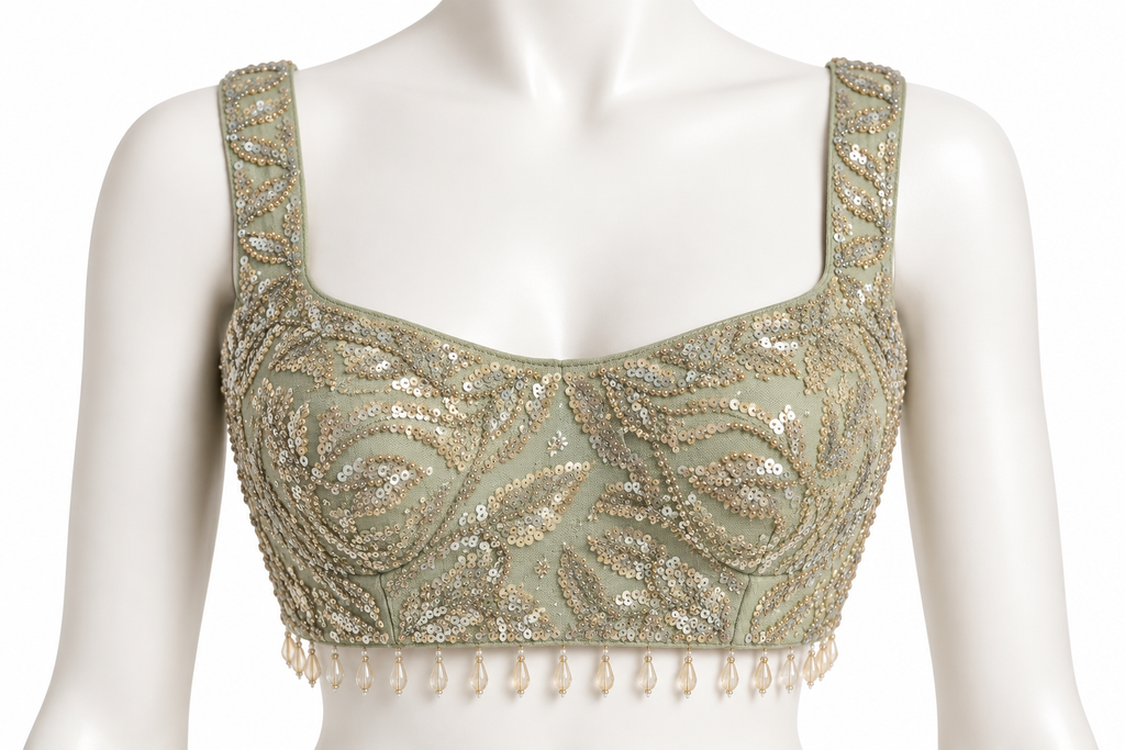 An ornate sage green and gold sequined crop top with beaded floral patterns and a pearl fringe hem, displayed on a white mannequin torso.