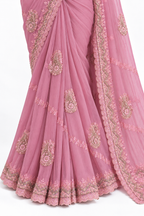 Dusty Rose Pink Embroidered Saree with Unstitched Blouse