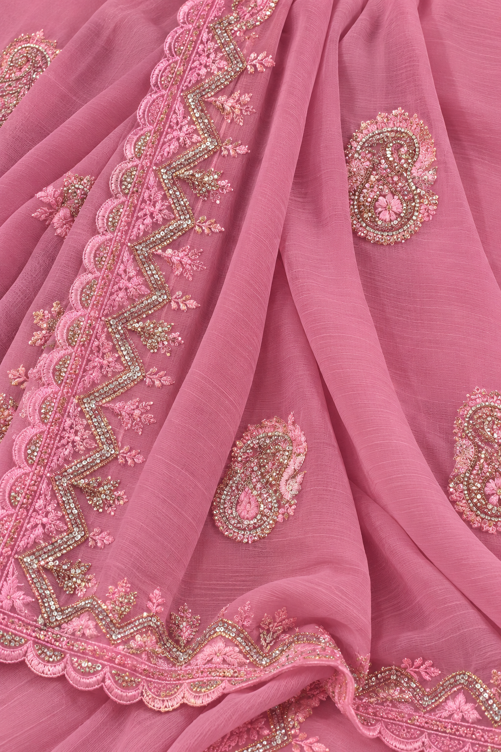 Dusty Rose Pink Embroidered Saree with Unstitched Blouse