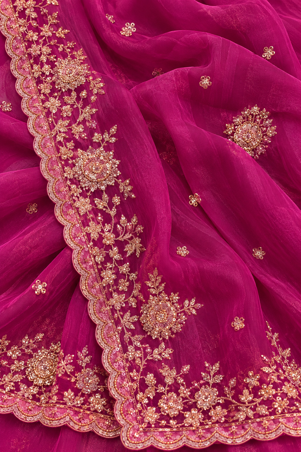 A close-up of a magenta pink dupatta or fabric with intricate gold floral embroidery and scalloped borders.
