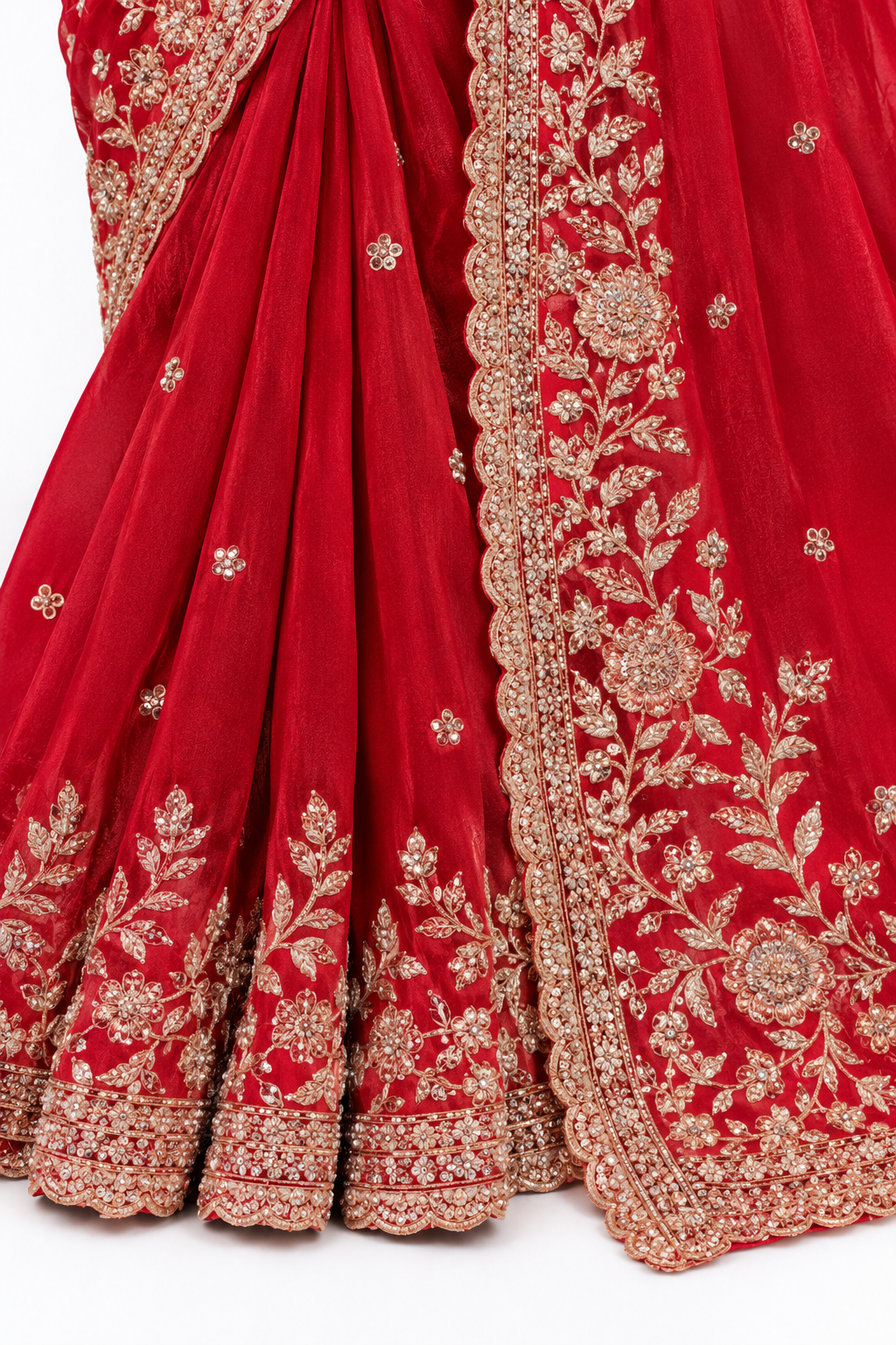 Red Embroidered Saree with Gold Floral Work