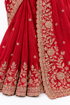 Red Embroidered Saree with Gold Floral Work