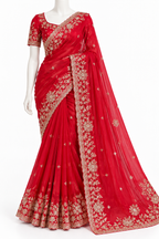 A red georgette saree with gold floral embroidery, displayed on a white mannequin against a plain white background.