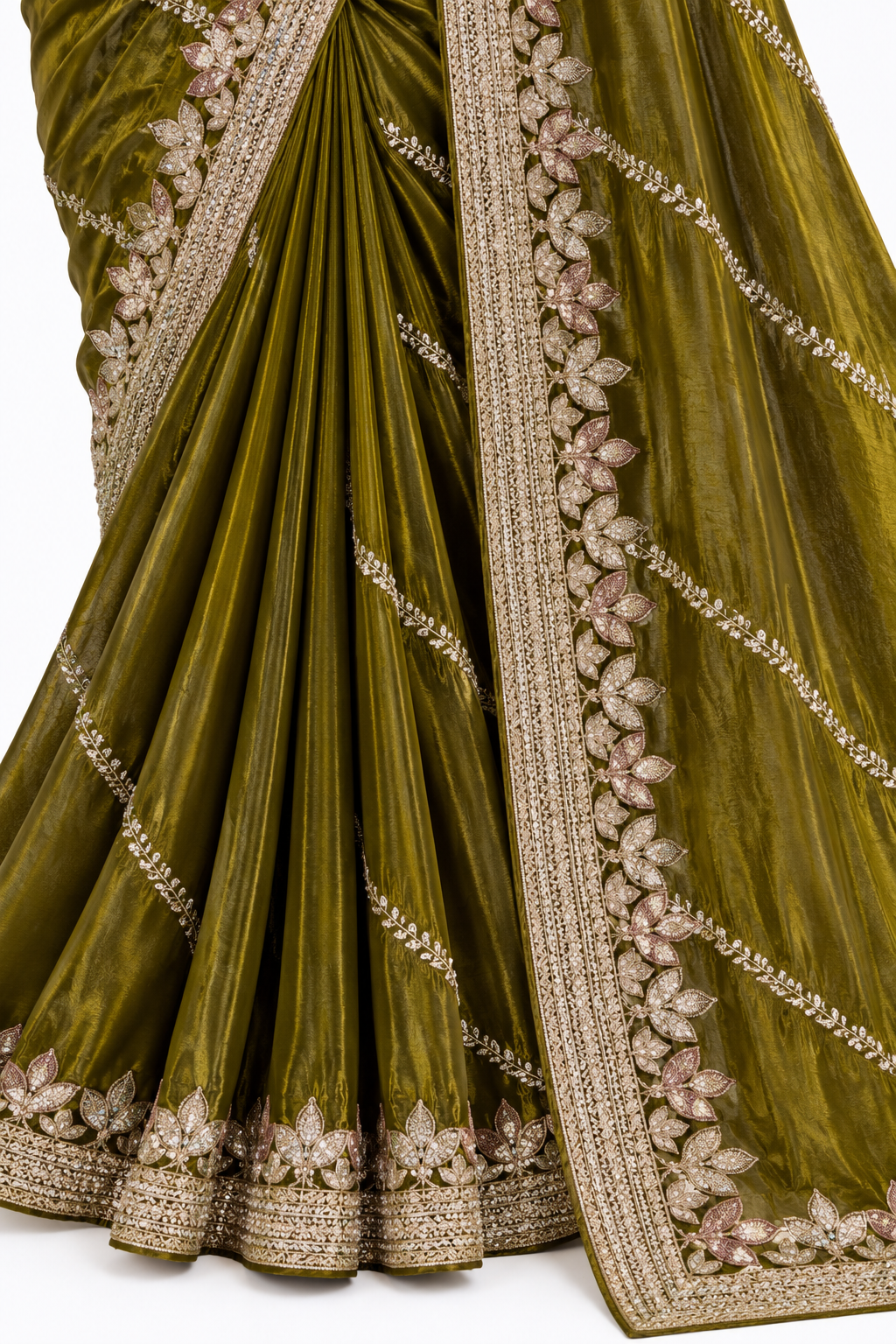 Forest Green Embroidered Saree with Gold Floral Work