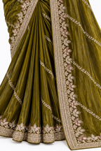Forest Green Embroidered Saree with Gold Floral Work