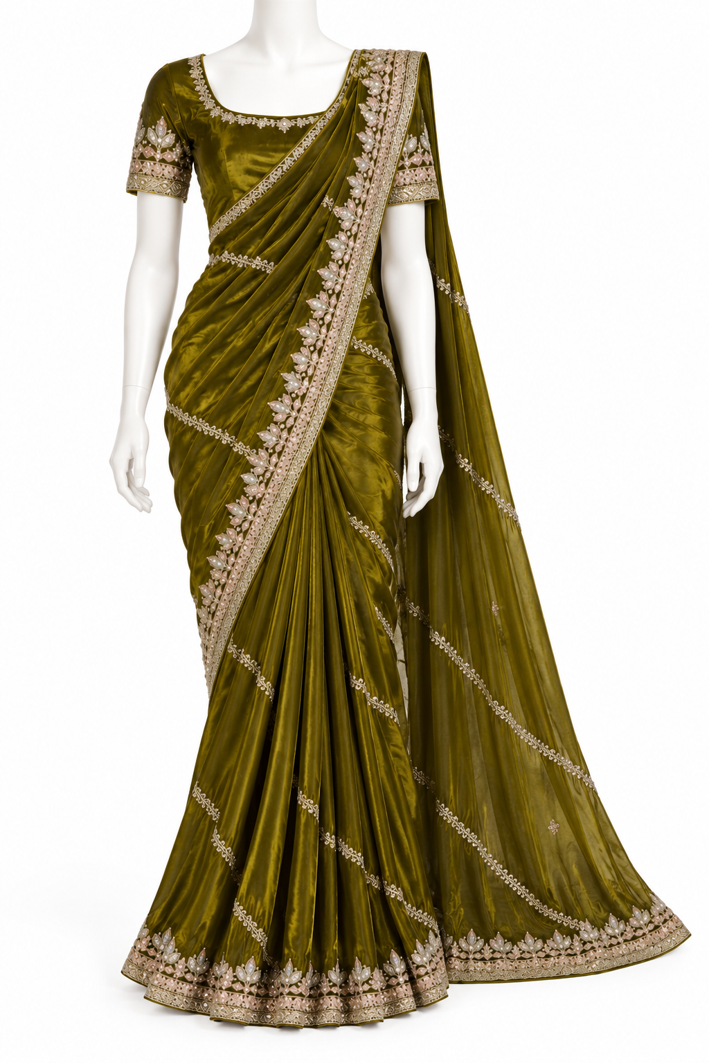 Forest Green Embroidered Saree with Gold Floral Work