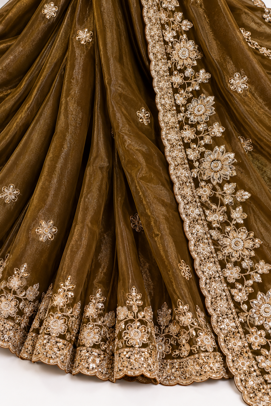 Mehendi Green Embroidered Saree with Gold Floral Work
