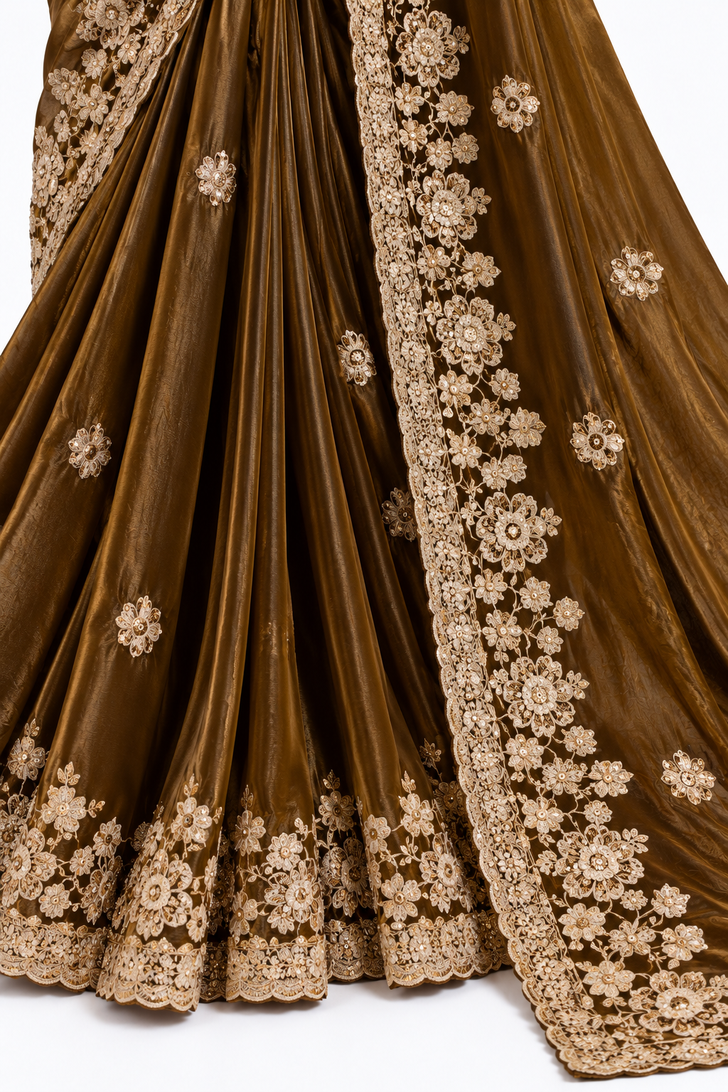Mehendi Green Embroidered Saree with Gold Floral Work