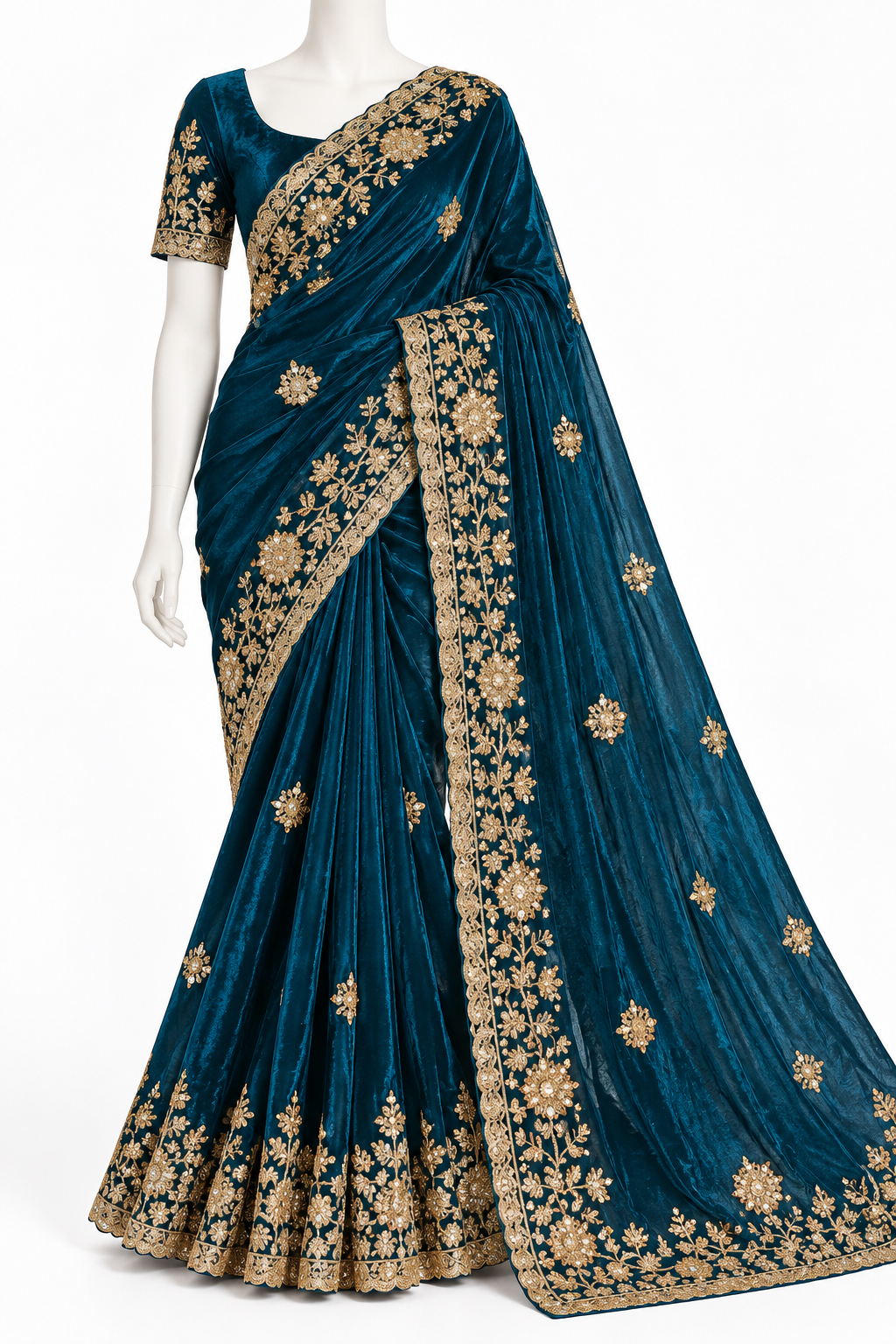 A dark teal blue saree with intricate gold floral embroidery, displayed on a white mannequin against a plain white background.