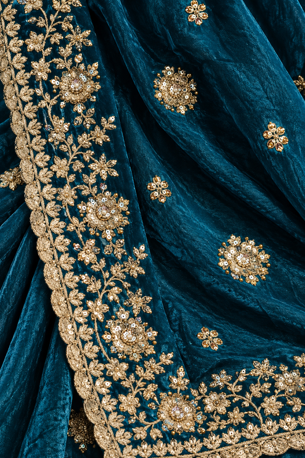 A close-up of a teal velvet fabric with intricate gold floral embroidery and sequin work, showing the rich texture and detailed borders.