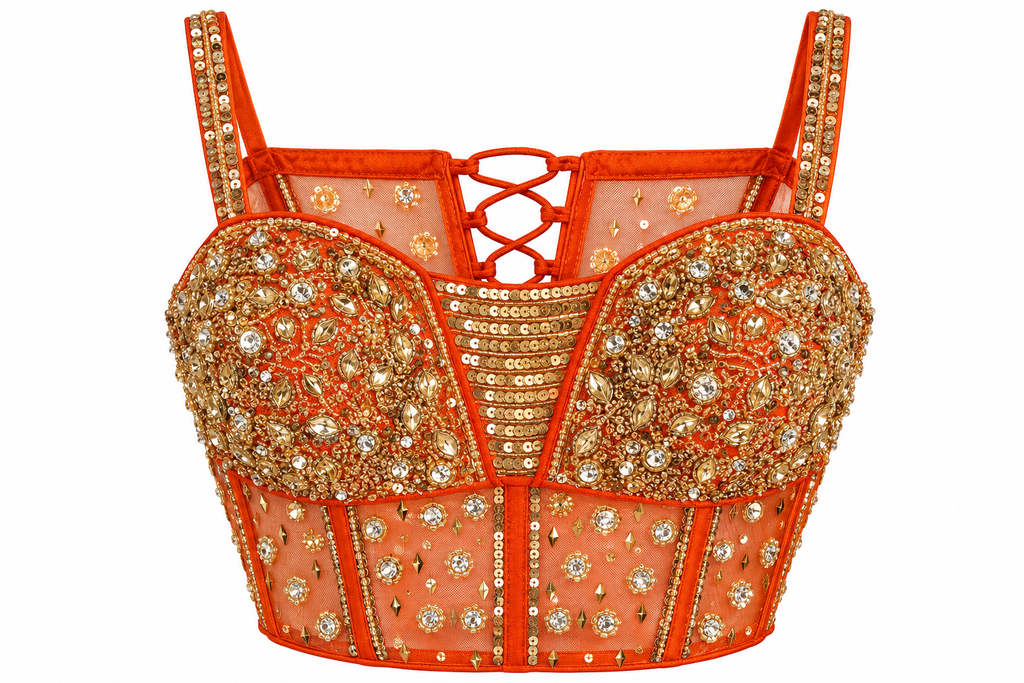 Orange Ready-to-Wear Saree with Embroidered Corset Blouse