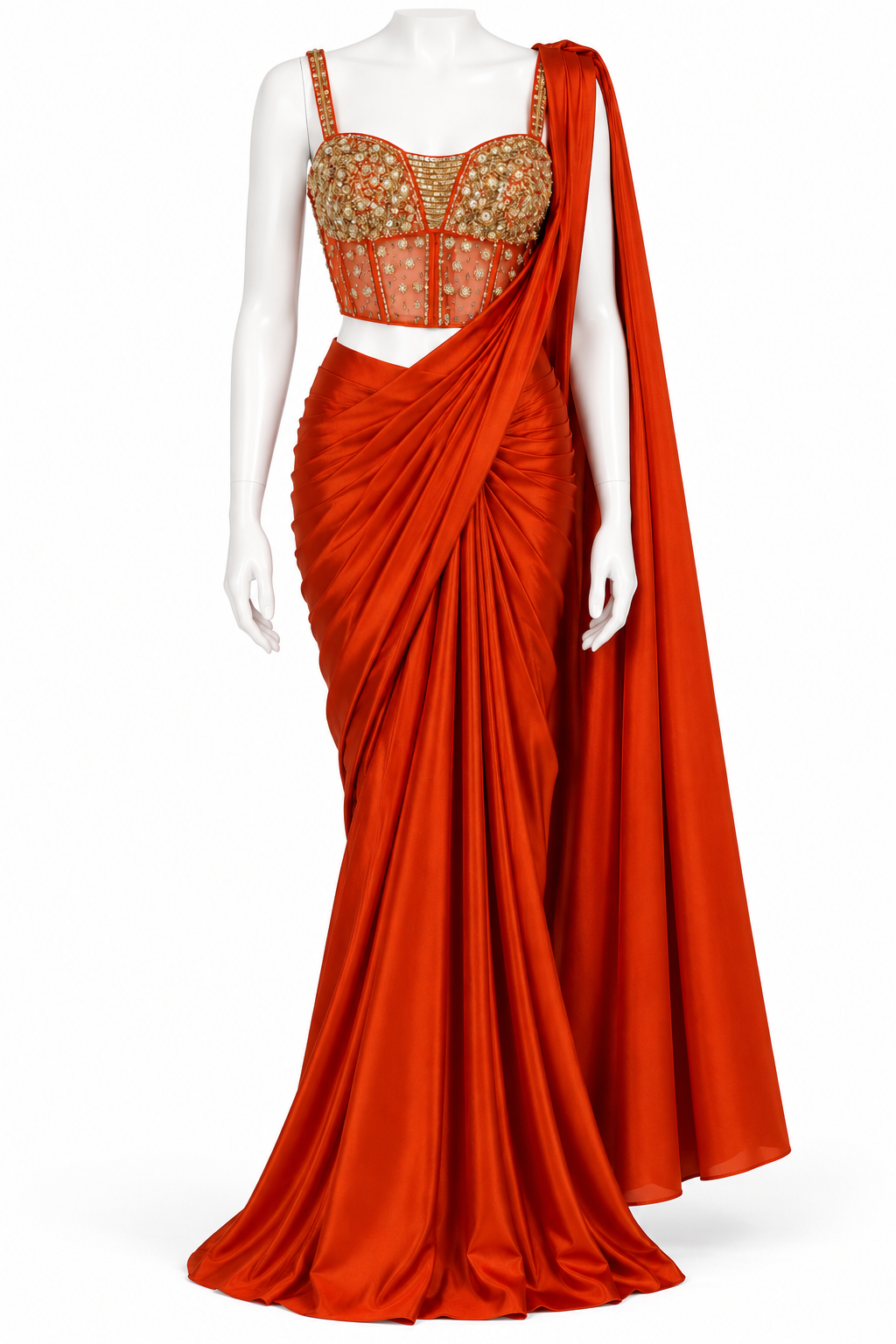 Orange Ready-to-Wear Saree with Embroidered Corset Blouse