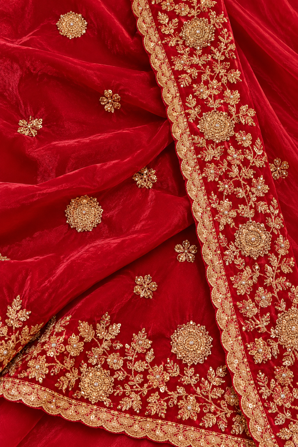 Red Embroidered Saree with Gold Floral Work