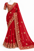 Red Embroidered Saree with Gold Floral Work