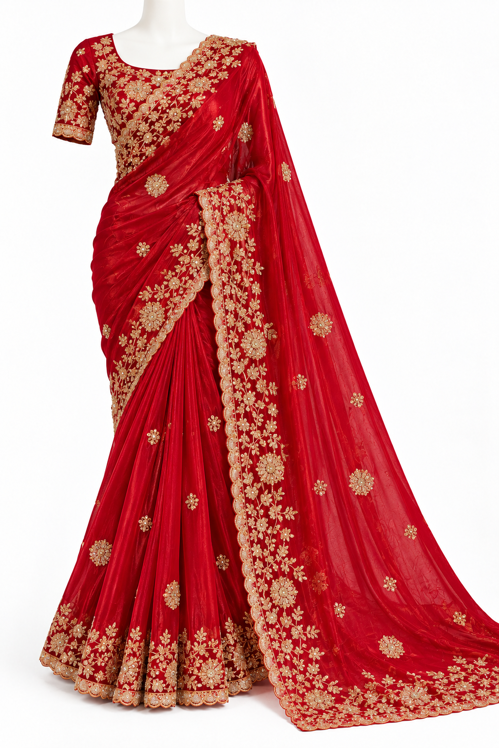 Red Embroidered Saree with Gold Floral Work