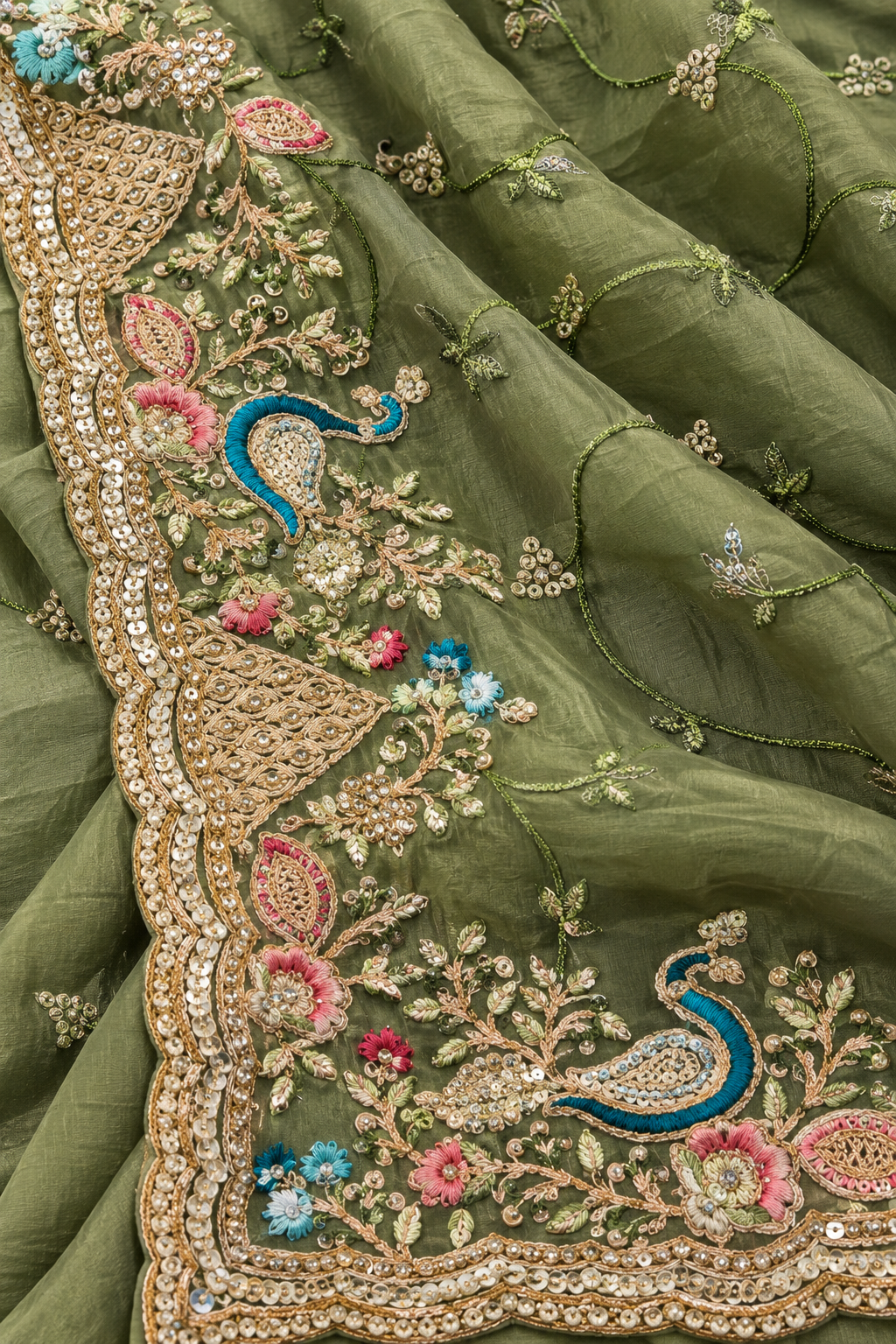 An olive green embroidered fabric, likely a dupatta or scarf, featuring detailed gold zari embroidery, sequins, and colorful floral and peacock motifs.