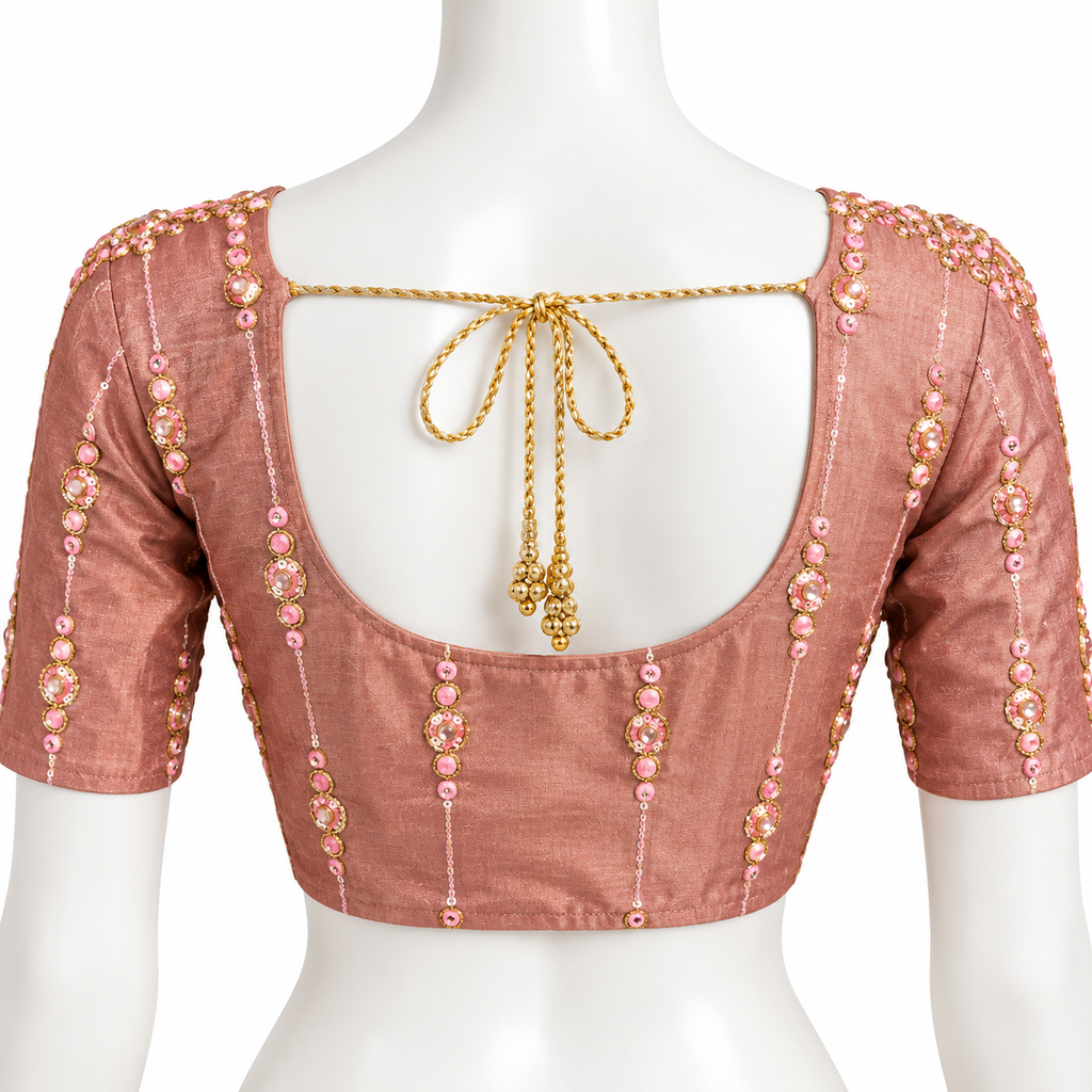 A dusty rose linen blouse with gold zari embroidery and pink bead details, shown from the back on a white mannequin. The back features a square cutout with a decorative gold rope tie bow.