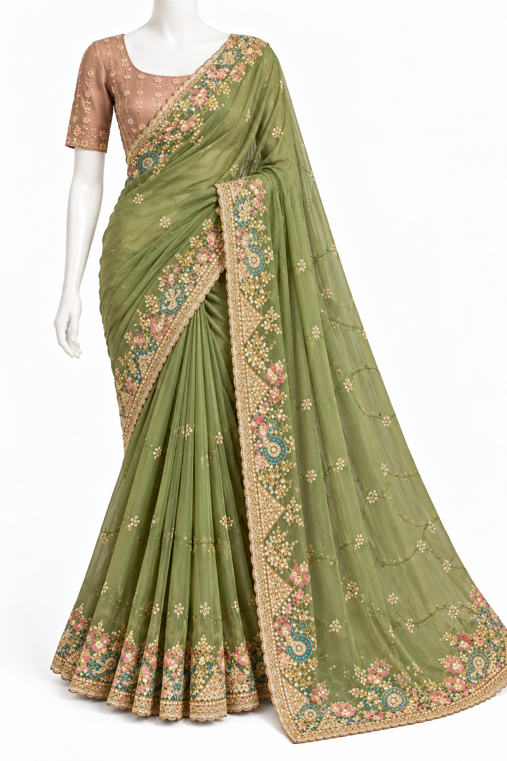 An olive green saree with intricate floral embroidery in gold, pink, and teal, paired with a matching beige embroidered blouse, displayed on a white mannequin against a plain white background.