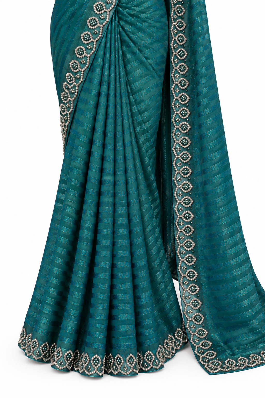 Teal Blue Embroidered Saree with Pearl Detailing