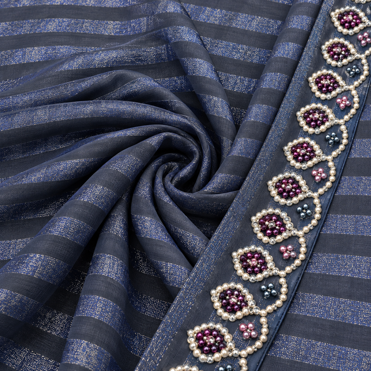 Slate Blue Embroidered Saree with Pearl & Stone Detailing