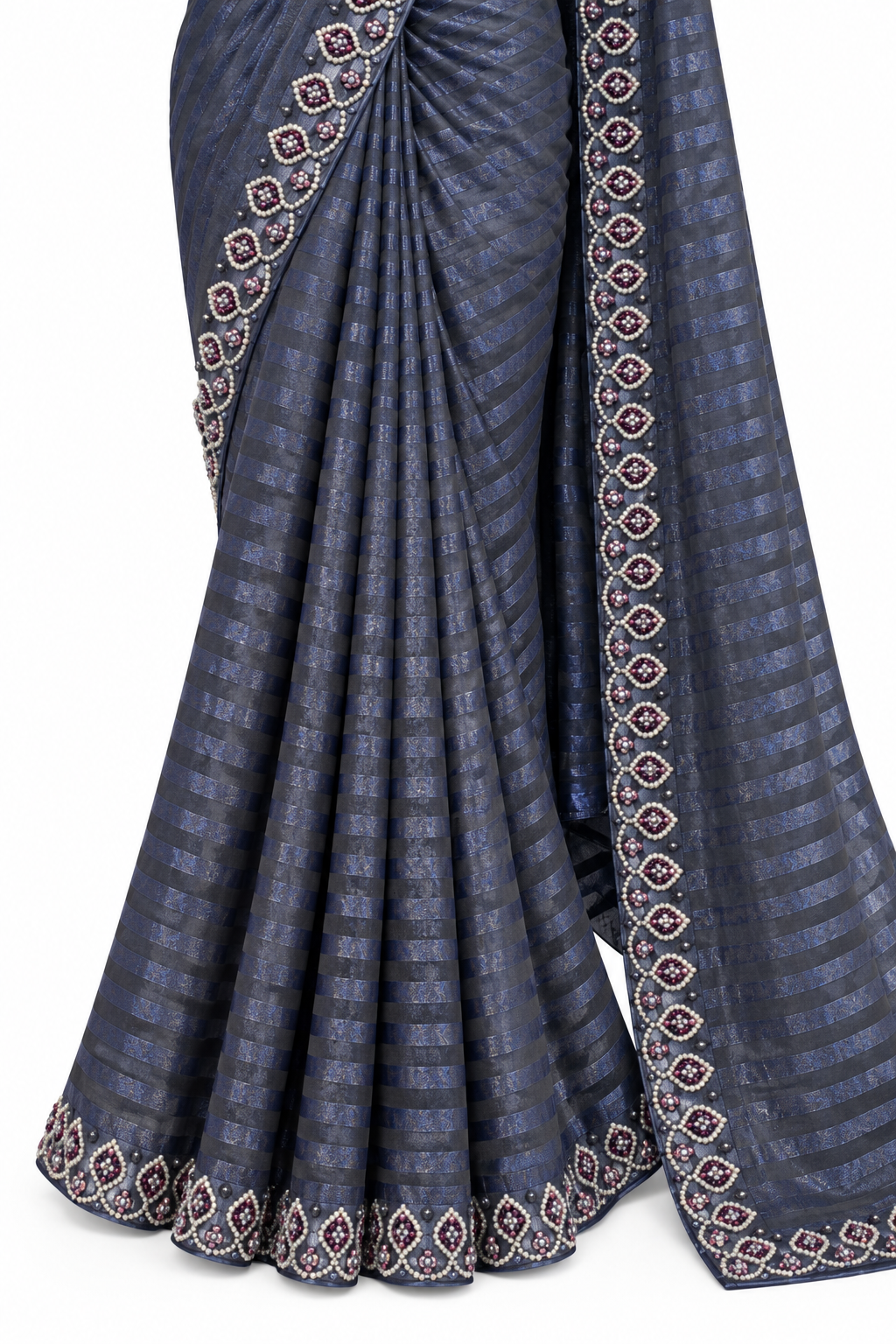 Slate Blue Embroidered Saree with Pearl & Stone Detailing