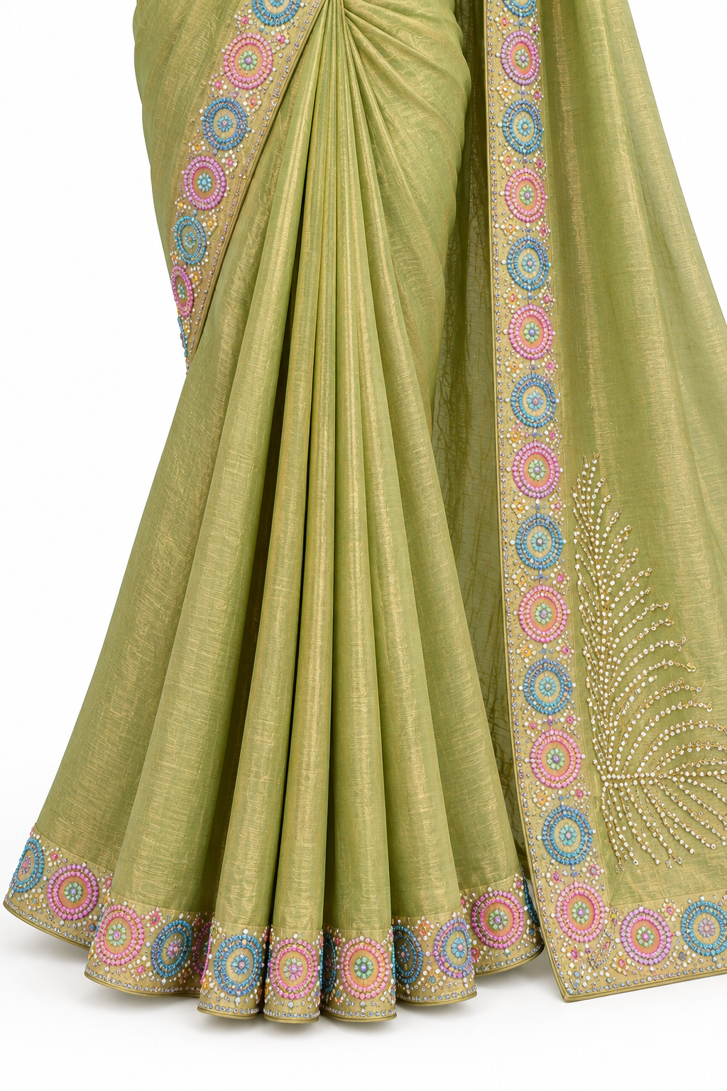 An olive green saree with intricate multicolor circular and geometric border embroidery, shown draped on a white background.