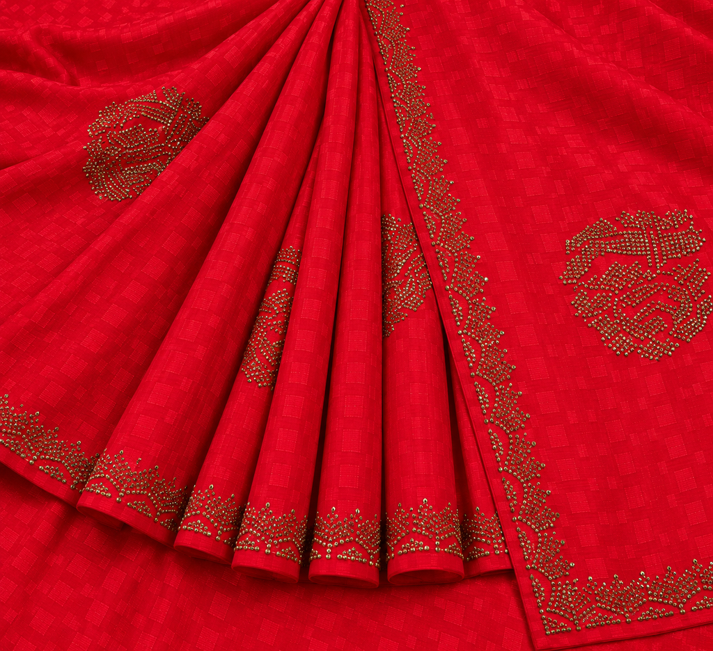 Bright Red Embroidered Saree with Unstitched Blouse
