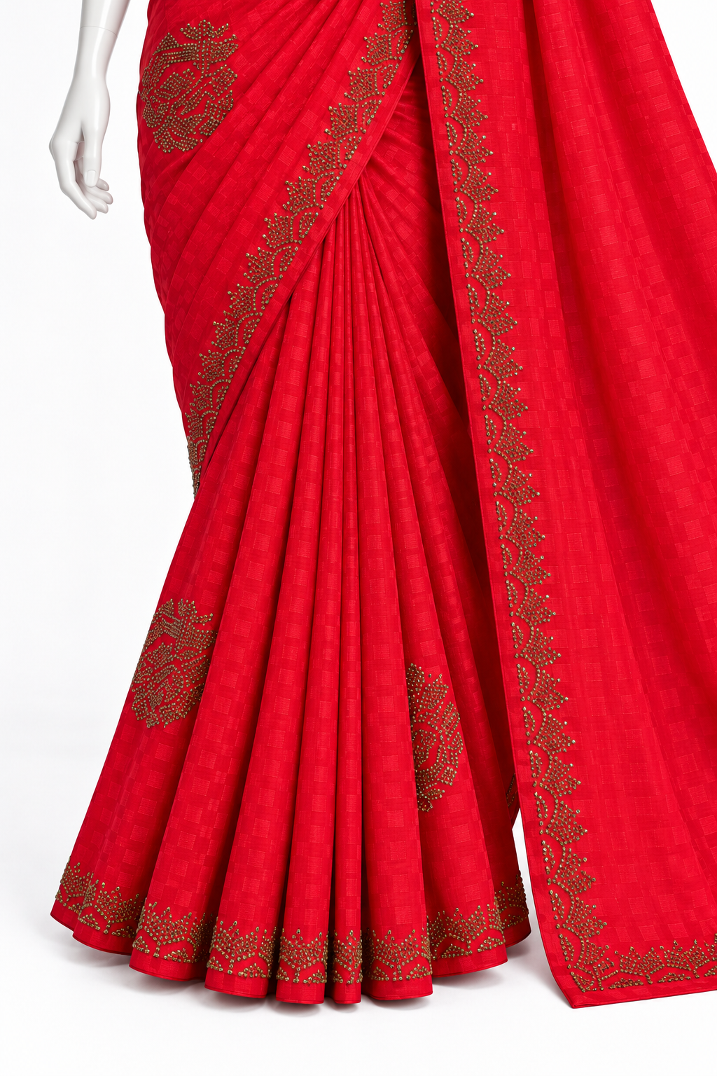 Bright Red Embroidered Saree with Unstitched Blouse