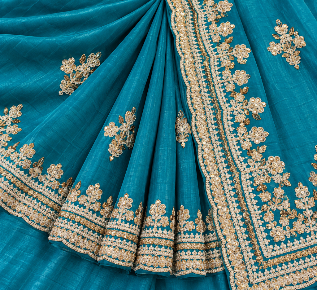 Teal Blue Embroidered Saree with Unstitched Blouse