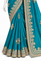 Teal Blue Embroidered Saree with Unstitched Blouse