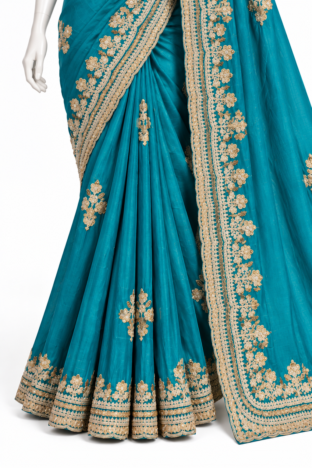 Teal Blue Embroidered Saree with Unstitched Blouse
