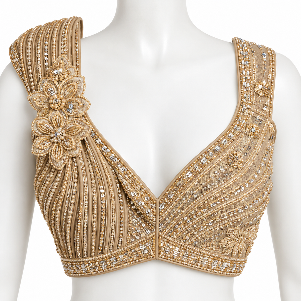 A gold beaded and embellished off-the-shoulder blouse displayed on a white mannequin torso. The blouse features intricate beadwork, sequins, and floral embroidery details.