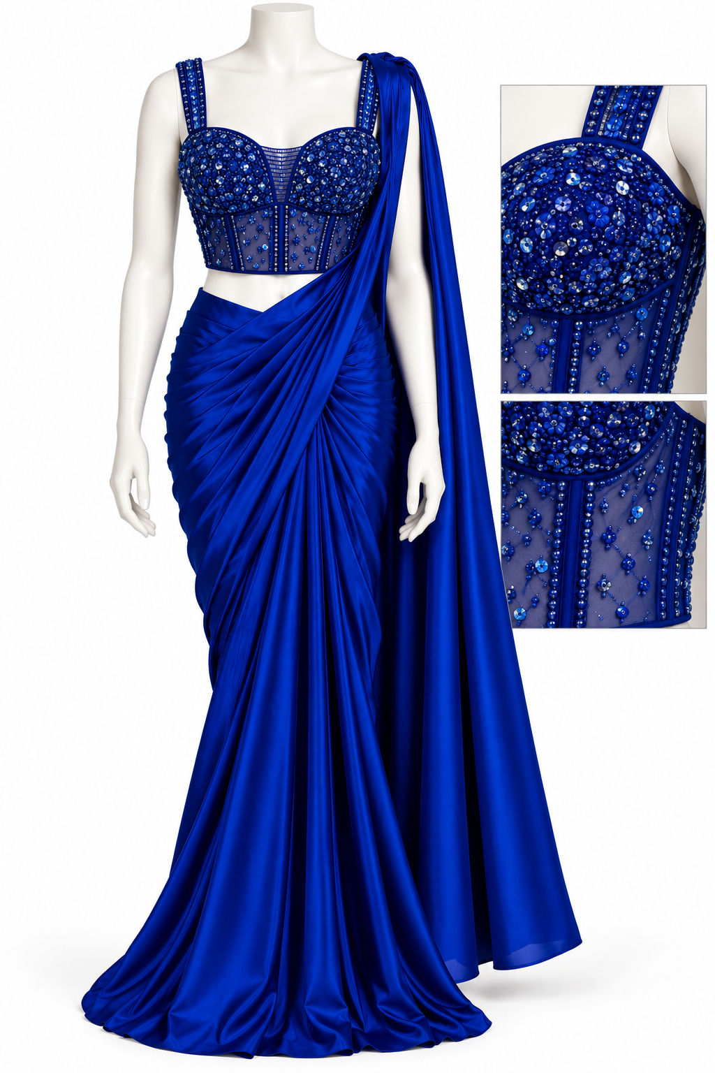 A royal blue saree set displayed on a white mannequin, featuring a draped satin saree with a heavily embellished sheer blue and silver beaded blouse, plus a close-up inset showing the blouse details.