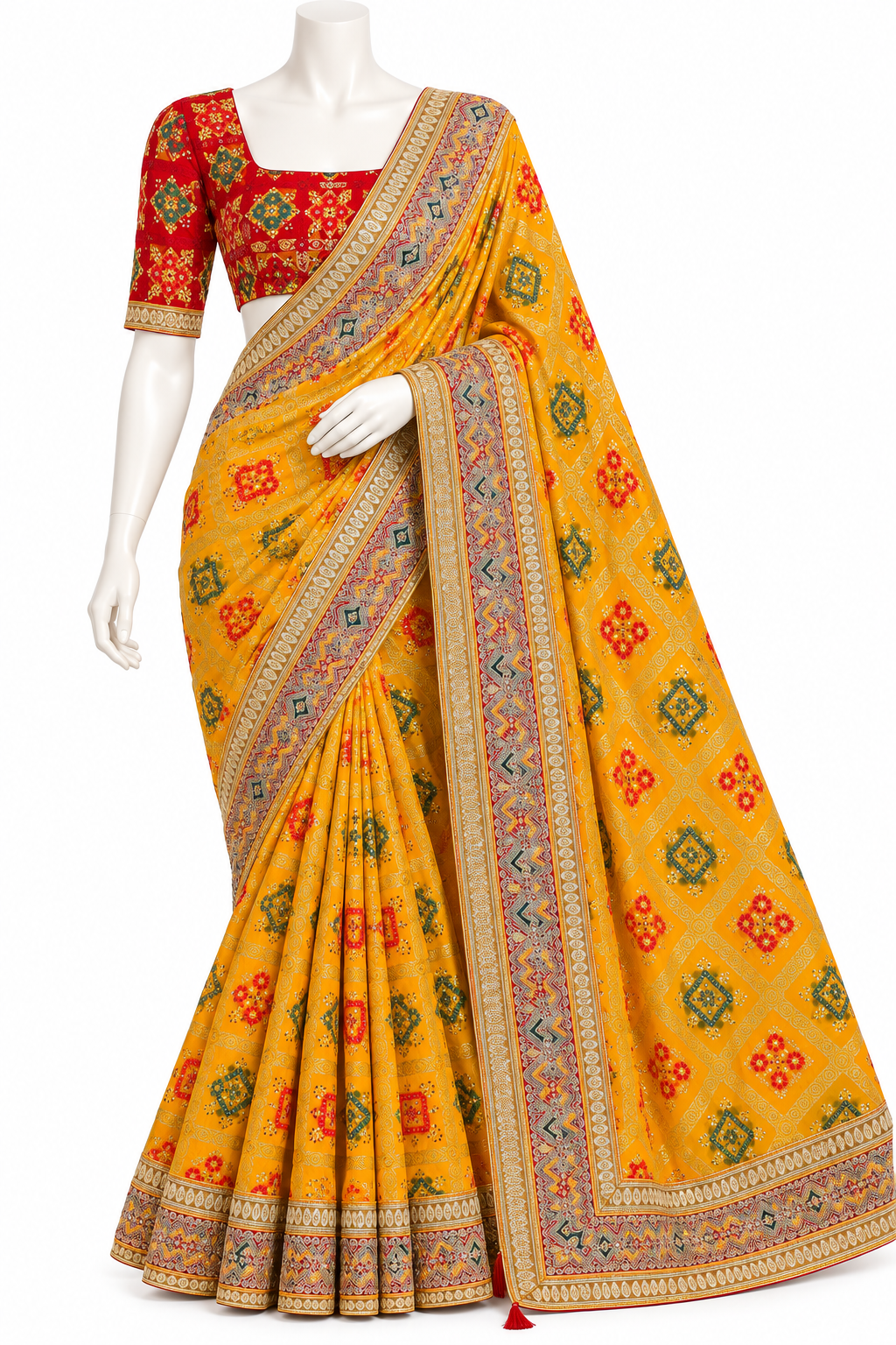 Mustard Yellow Patola Print Saree with Unstitched Blouse