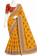 Mustard Yellow Patola Print Saree with Unstitched Blouse
