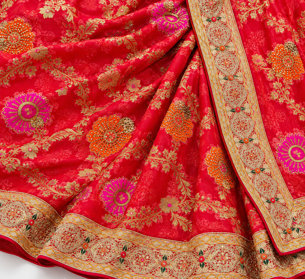 A close-up of a red Banarasi silk saree with intricate gold zari floral patterns and vibrant pink and orange embroidered motifs, featuring a detailed gold border.